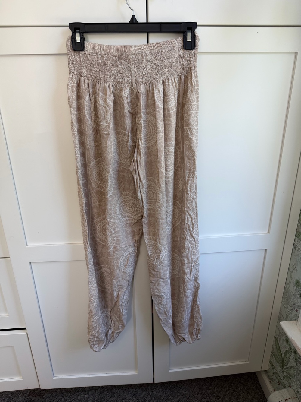 Cream Printed Smocked-Waist Harem Joggers